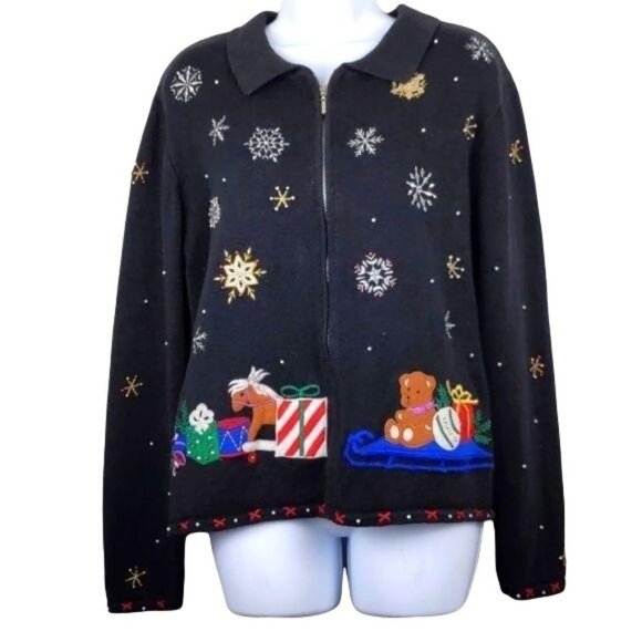 Hampshire Studio Christmas Sweater Cardigan Women's  full zip Santa  Size L - Picture 1 of 16